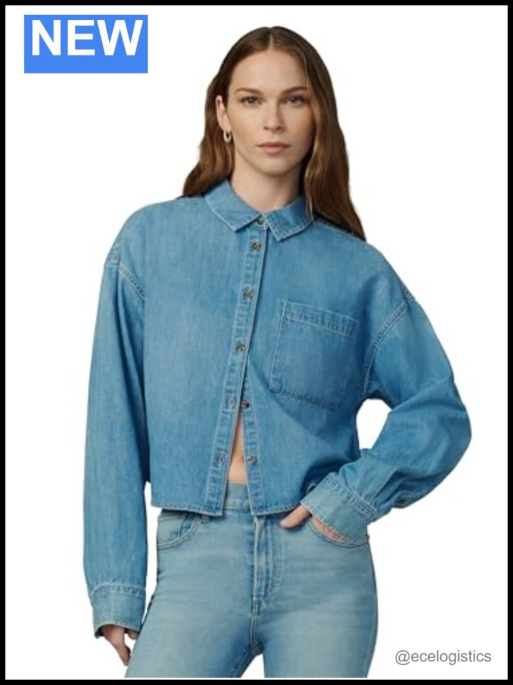 Cropped Boyfriend Denim Button Shirt Women Boxy Patch Pocket